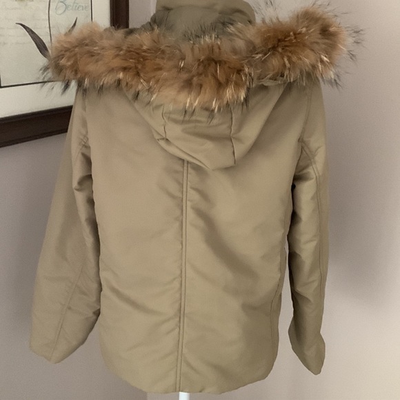Light olive green jacket with collar 100% genuine raccoon fur size 8 - Picture 2 of 13